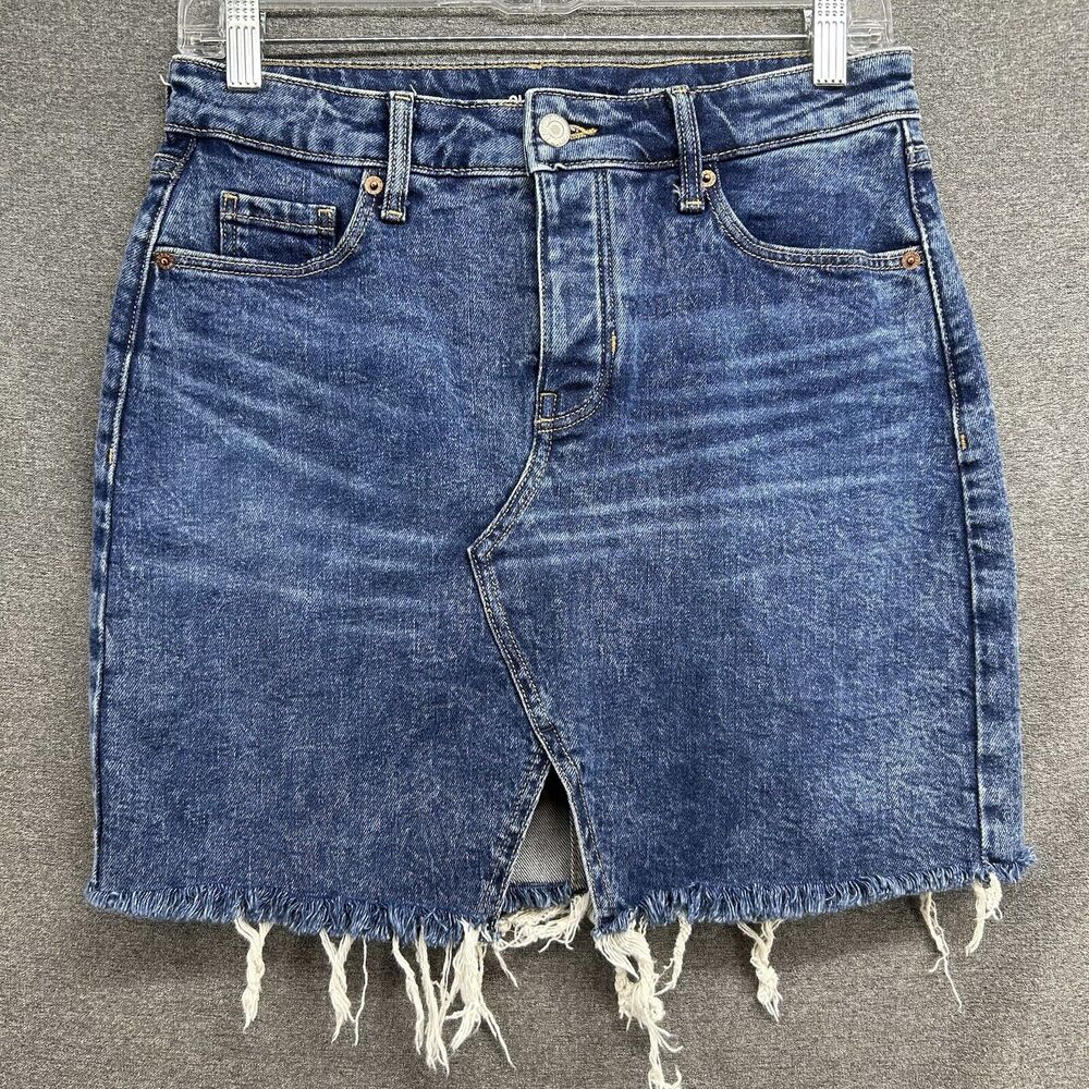 Old Navy Denim Mini Skirt Womens Size 2 Blue Button Up Raw Hem Front Slit Short